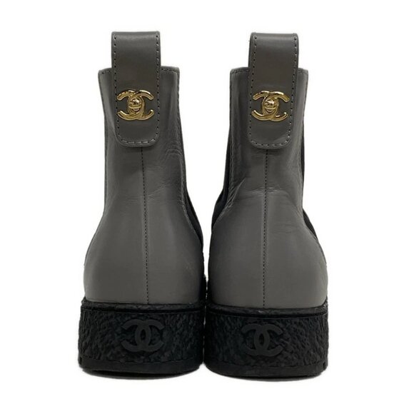 CHANEL - Gray Black Leather Chemical Fiber Women's Boots 678-040125 - Picture 3 of 8